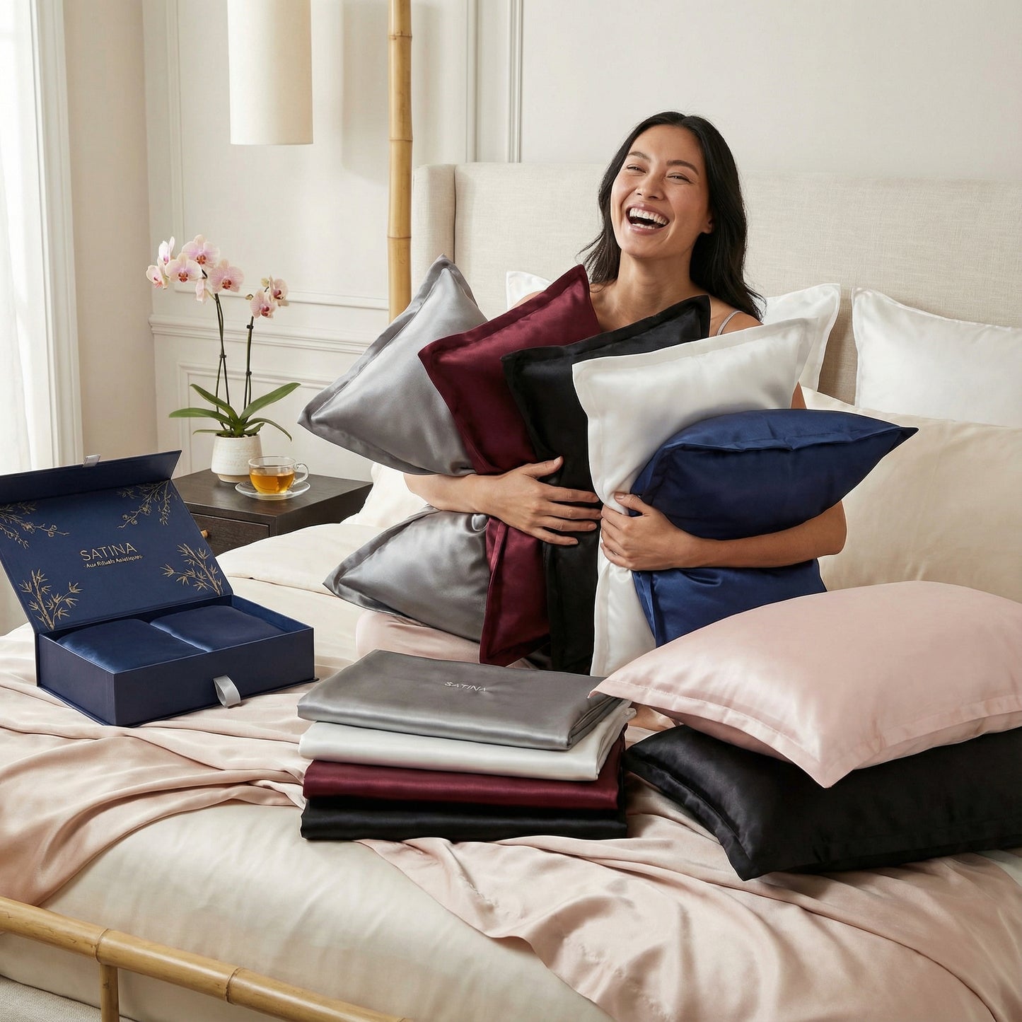 SATINA - Taie d'Oreiller En Satin Aux Rituels Asiatiques